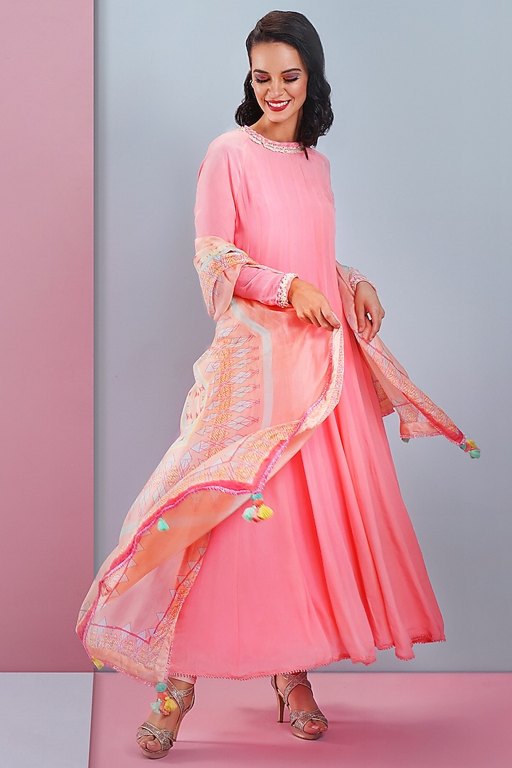 Candy Pink Embellished Anarkali Set by Bandana Narula