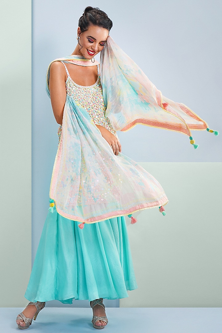 Blue Sequins Embellished Party Wear Sharara Set by Bandana Narula at Pernia's Pop Up Shop