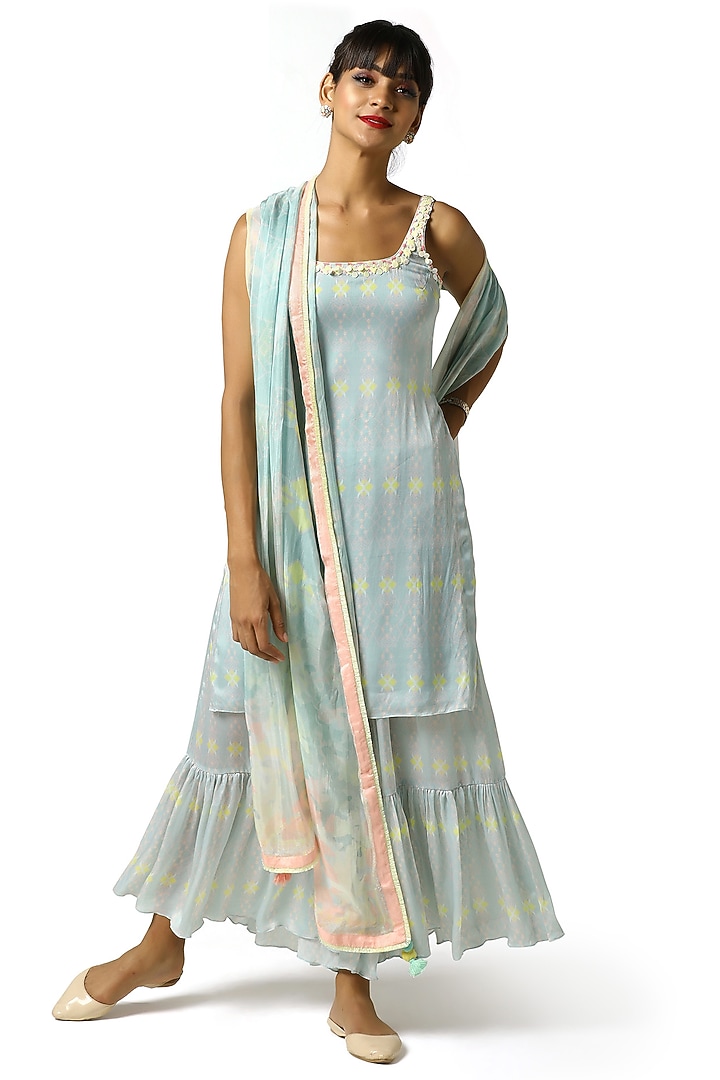 Turquoise Blue Embellished & Printed Party Wear Sharara Set by Bandana Narula at Pernia's Pop Up Shop