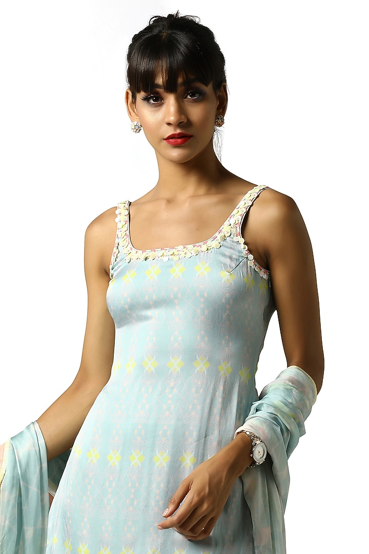 Turquoise Blue Embellished & Printed Party Wear Sharara Set by Bandana Narula at Pernia's Pop Up Shop