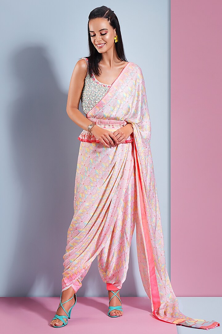 Candy Pink Printed & Embellished Saree Set by Bandana Narula
