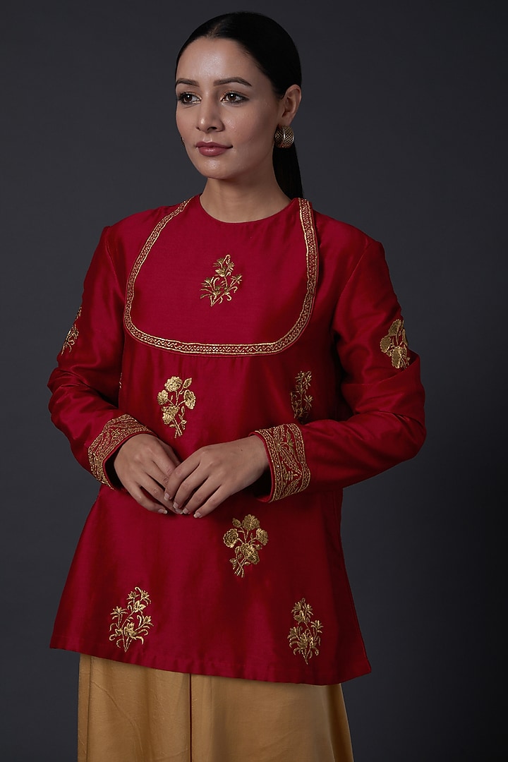 Bindi Red Zari Embroidered Tunic by Balance by Rohit Bal
