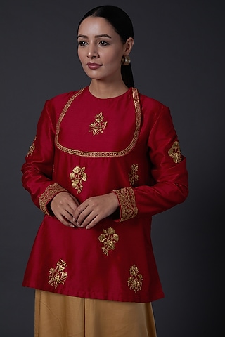 Bindi Red Zari Embroidered Tunic by Balance by Rohit Bal