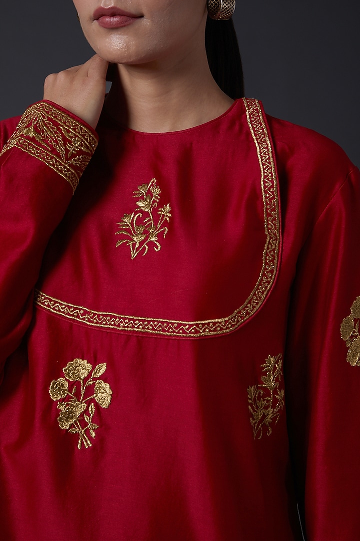 Bindi Red Zari Embroidered Tunic by Balance by Rohit Bal at Pernia's Pop Up Shop