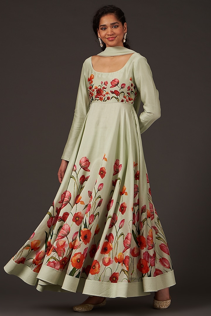 Mint Floral Printed Anarkali Set by Balance by Rohit Bal