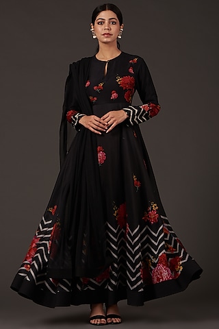 Black Printed Anarkali Set by Balance by Rohit Bal