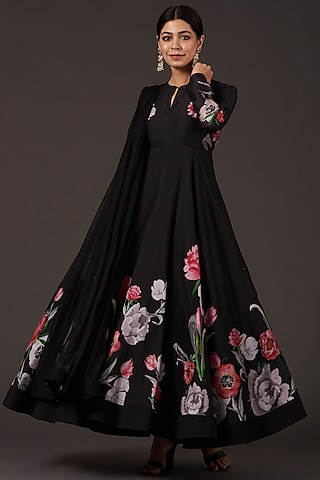 Black Anarkali Set With Digital Print by Balance by Rohit Bal