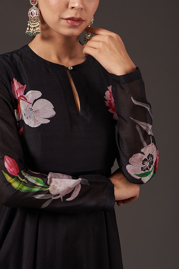 Black Party Wear Anarkali Set With Digital Print by Balance by Rohit Bal at Pernia's Pop Up Shop