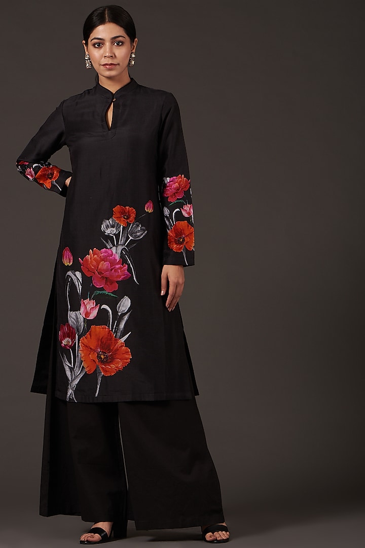 Black Chanderi Printed Kurta Set by Balance by Rohit Bal at Pernia's Pop Up Shop