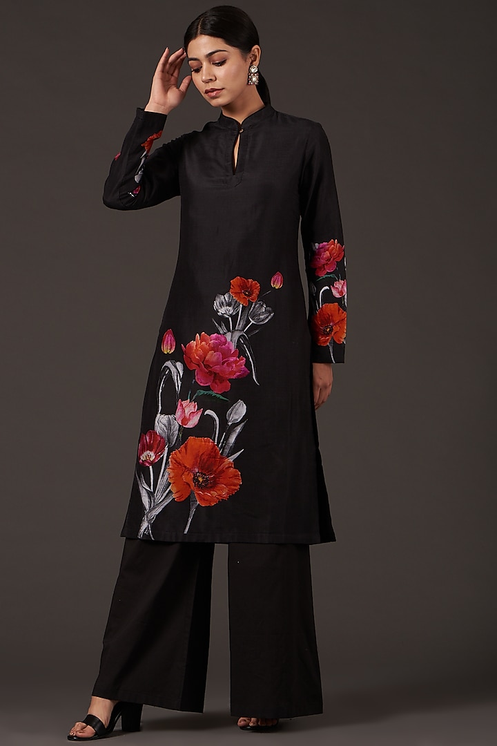 Black Chanderi Printed Kurta Set by Balance by Rohit Bal at Pernia's Pop Up Shop