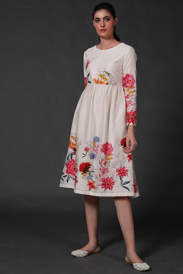 Ivory Floral Printed Dress by Balance by Rohit Bal