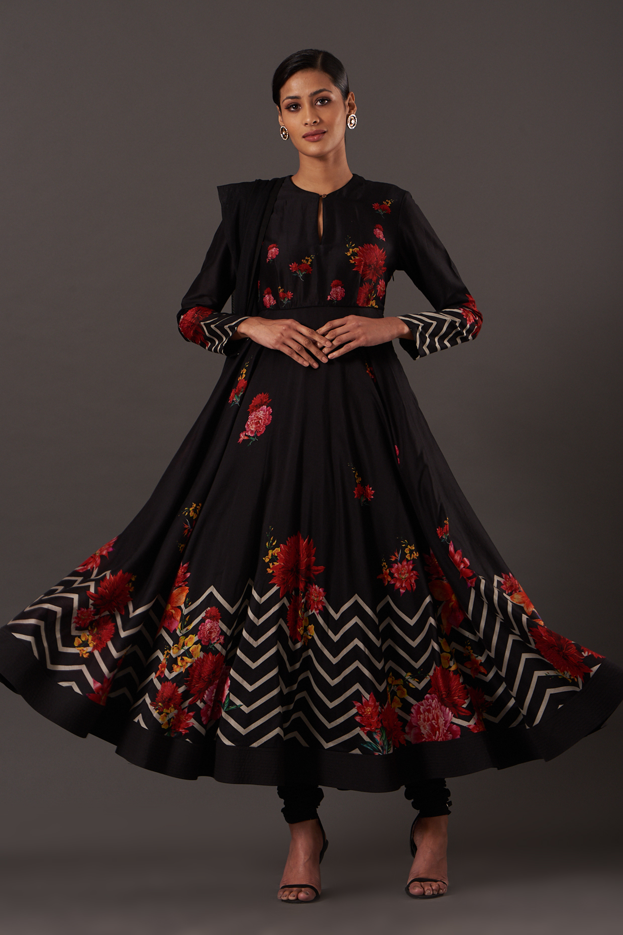 Black Digital Printed Party Wear Anarkali Set by Balance by Rohit Bal at Pernia's Pop Up Shop