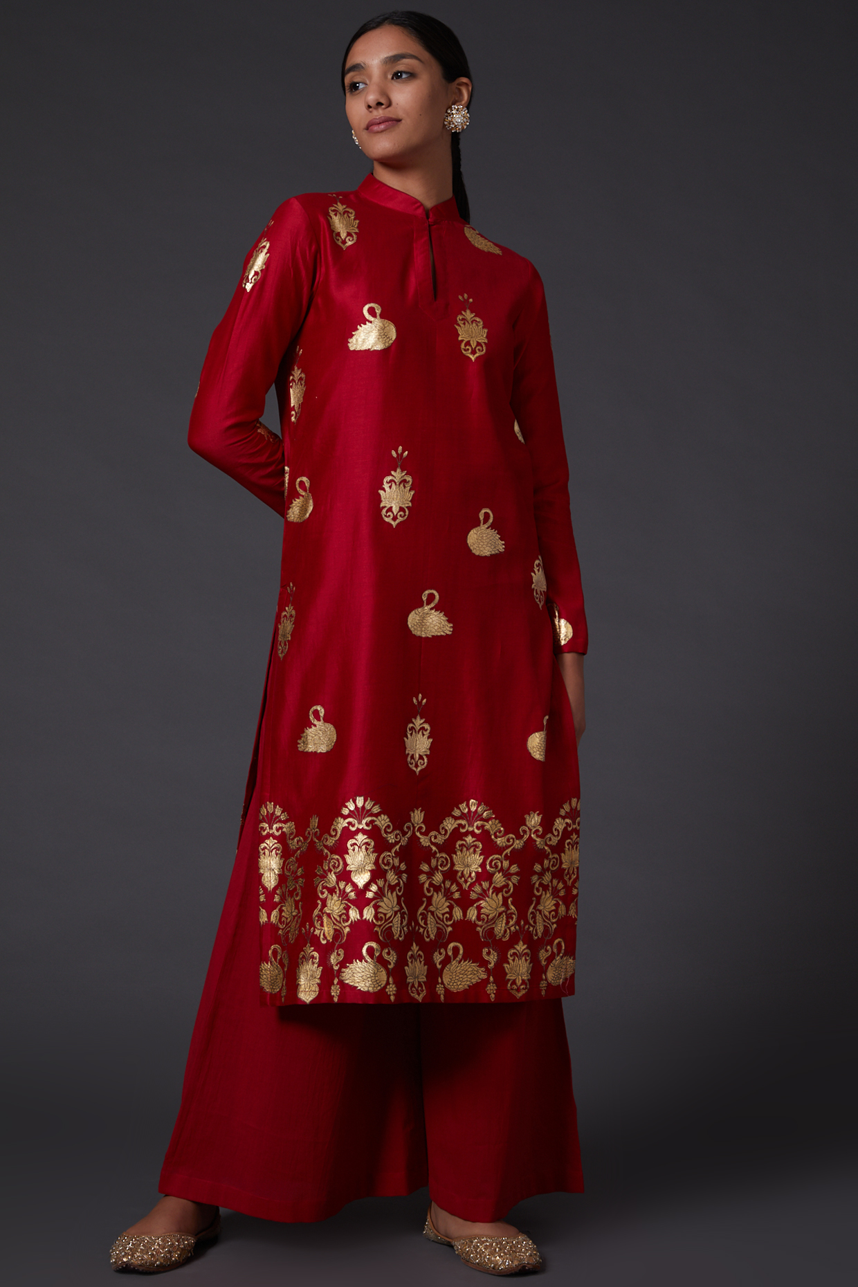 Bindi Red & Gold Block Printed Kurta With Pants by Balance by Rohit Bal