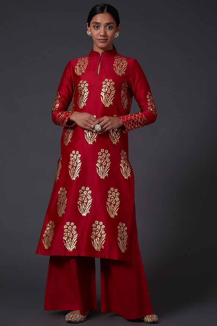 Bindi Red & Gold Block Printed Kurta With Pants by Balance by Rohit Bal