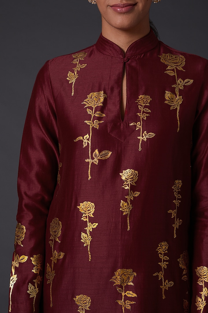 Wine & Gold Block Printed Kurta Set by Balance by Rohit Bal at Pernia's Pop Up Shop