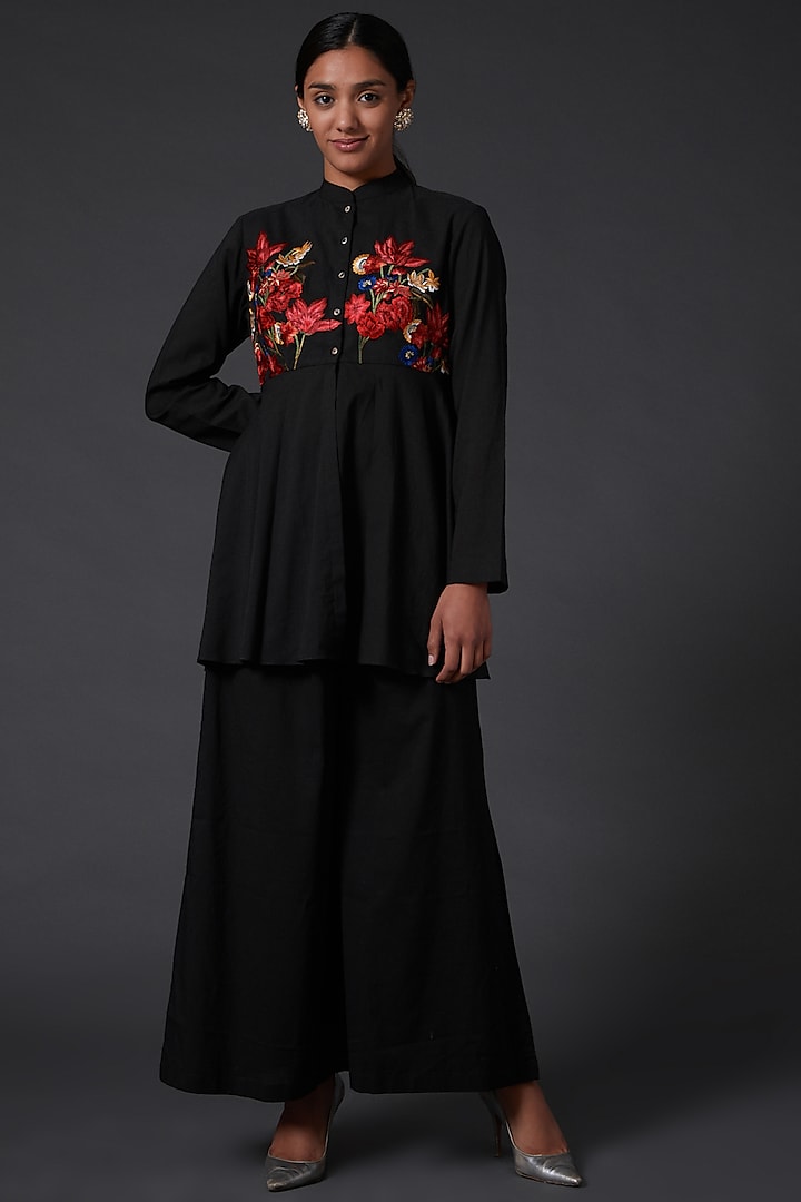 Black Embroidered Peplum Top With Palazzo Pants by Balance by Rohit Bal