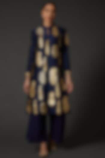 Indigo Blue & Gold Block Printed Kurta Set by Balance by Rohit Bal at Pernia's Pop Up Shop