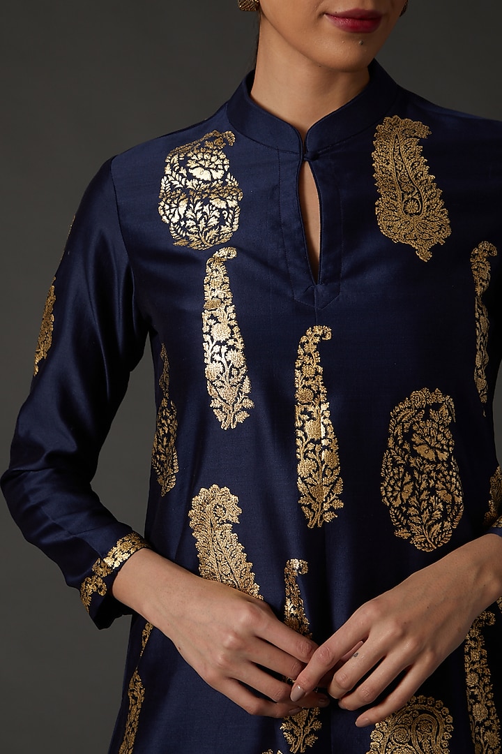 Indigo Blue & Gold Block Printed Kurta Set by Balance by Rohit Bal at Pernia's Pop Up Shop