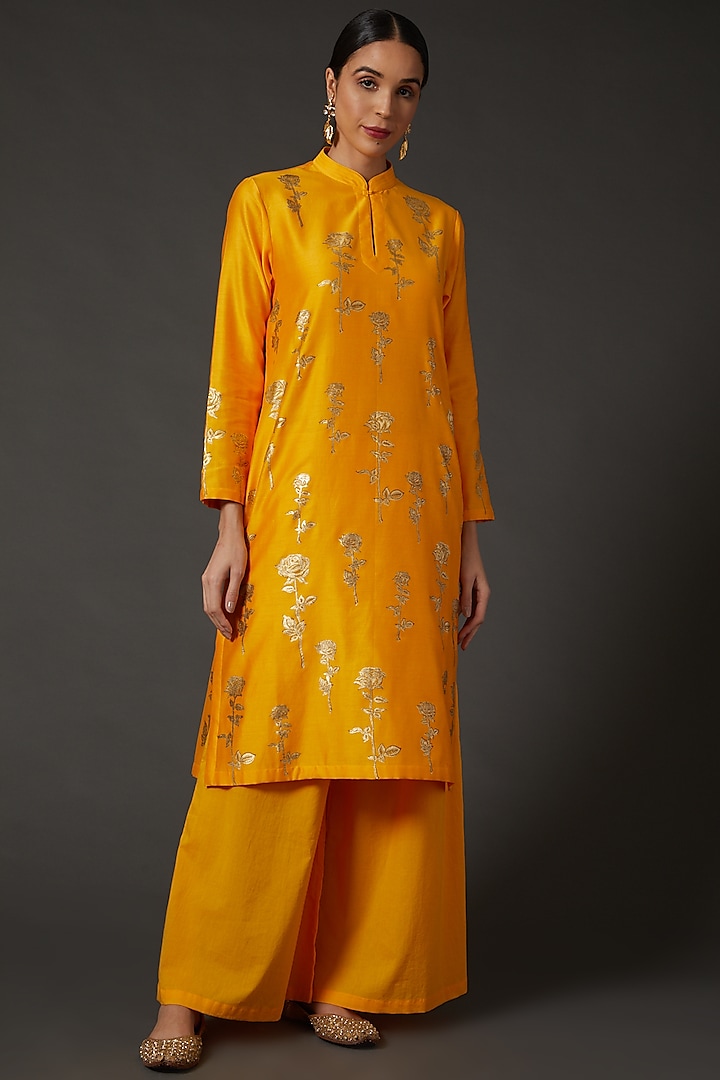 Yellow & Gold Block Printed Kurta Set by Balance by Rohit Bal