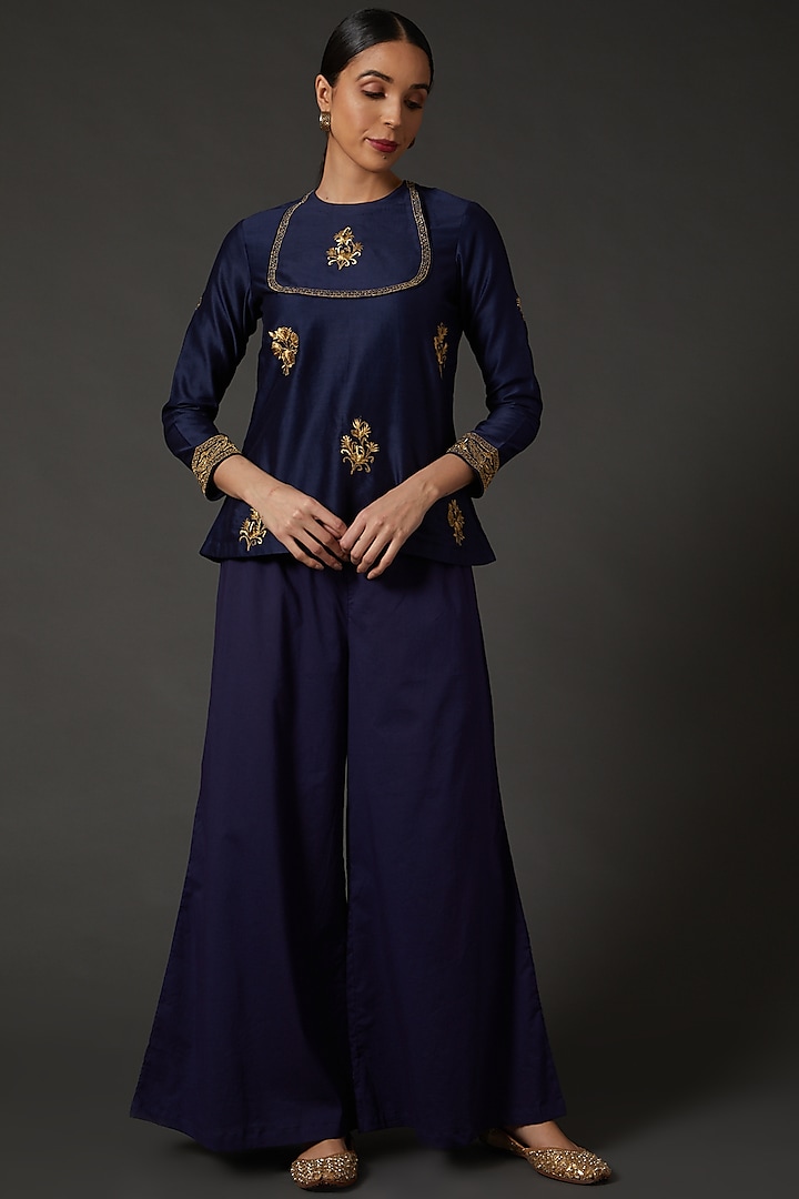 Indigo Blue Embroidered Tunic by Balance by Rohit Bal