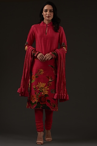 Ruby Red Digital Printed Kurta Set by Balance by Rohit Bal