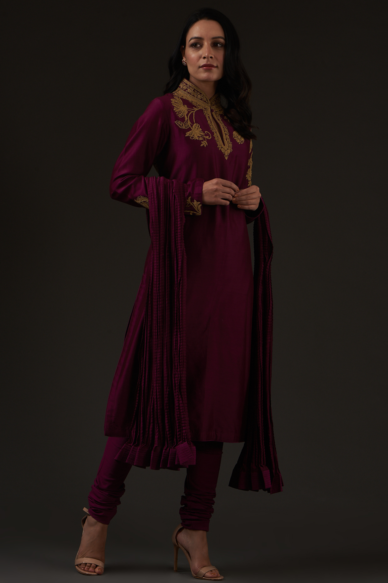 Plum Machine Embroidered Kurta set by Balance by Rohit Bal at Pernia's Pop Up Shop
