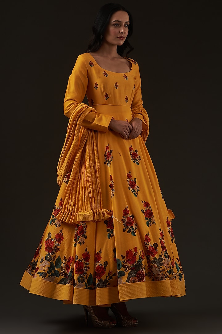 Mango Yellow Digital Printed Anarkali Set by Balance by Rohit Bal