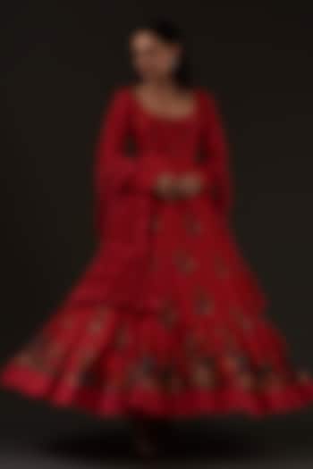 Ruby Red Printed Anarkali Set by Balance by Rohit Bal