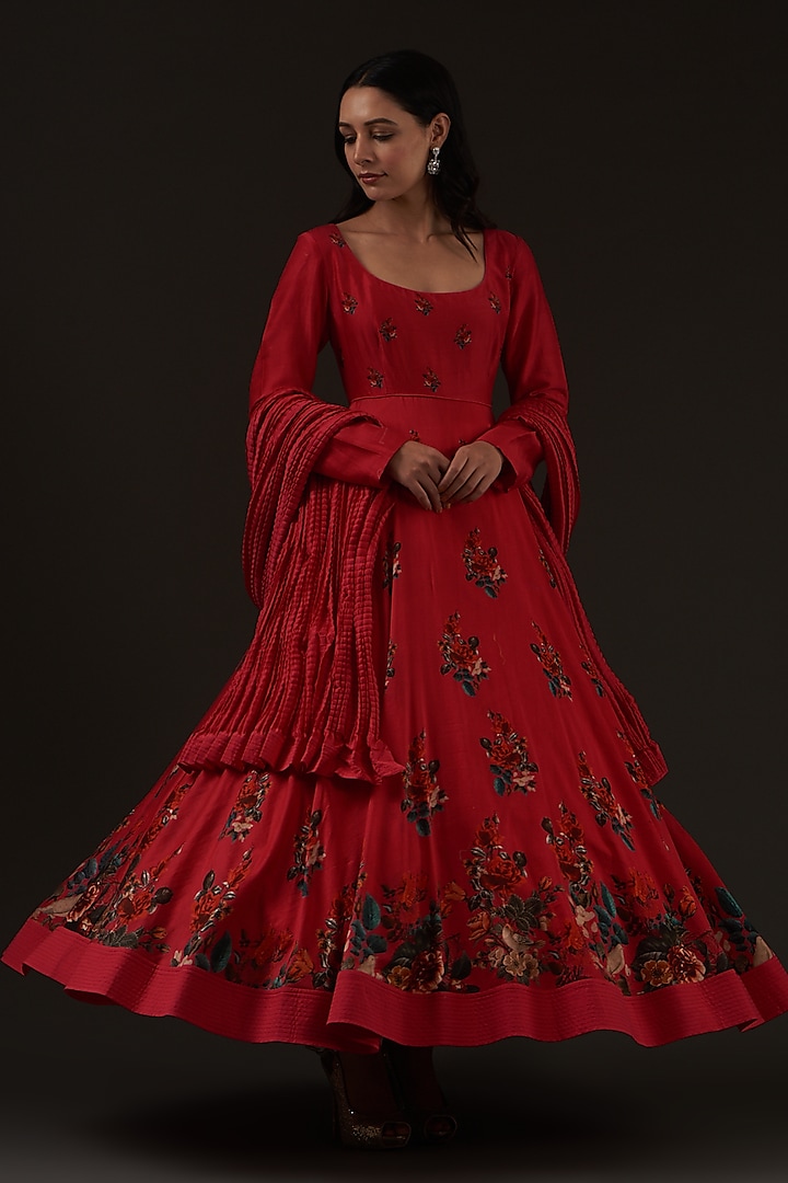 Ruby Red Printed Anarkali Set by Balance by Rohit Bal