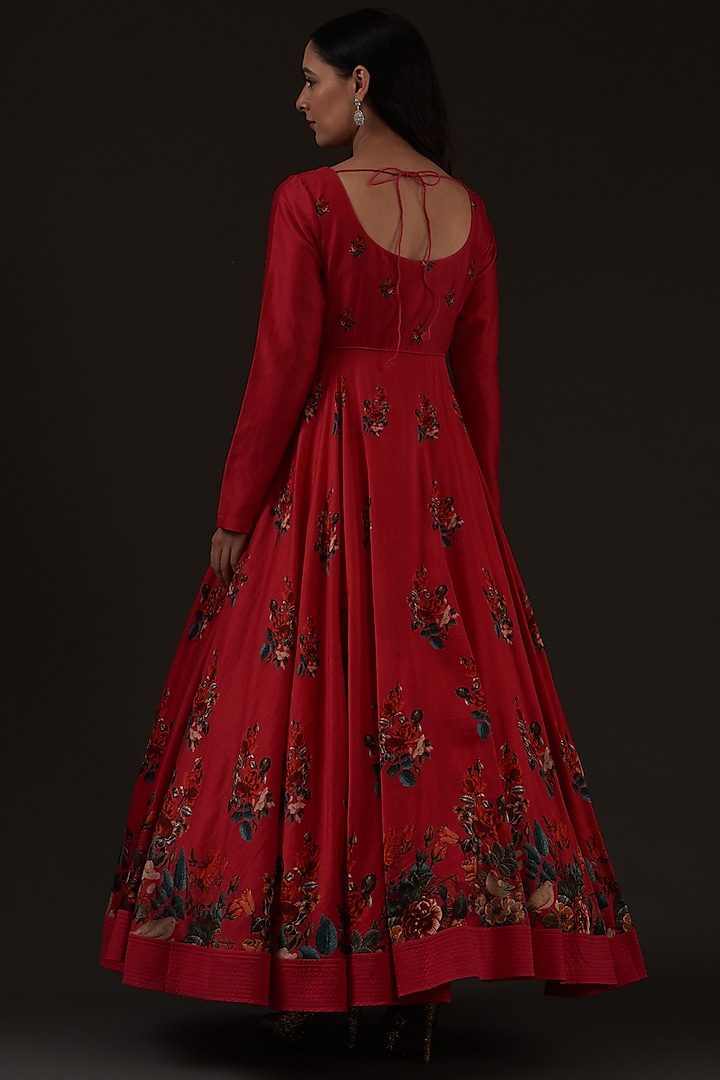 Ruby Red Printed Party Wear Anarkali Set by Balance by Rohit Bal at Pernia's Pop Up Shop