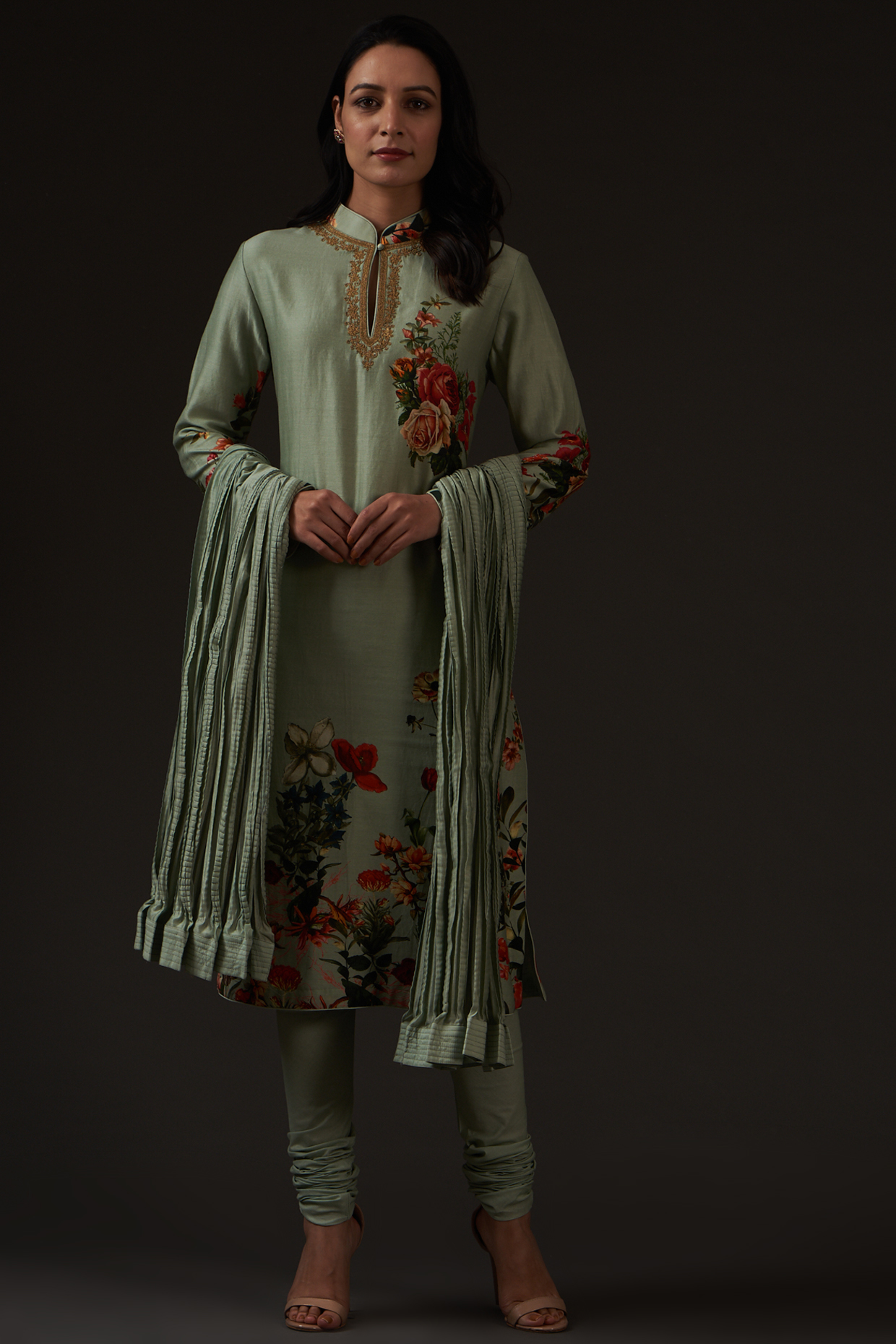 Sage Green Machine Embroidered Kurta Set by Balance by Rohit Bal at Pernia's Pop Up Shop