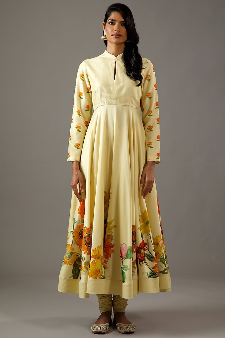 Yellow Chanderi Silk Printed Anarkali Set by Balance by Rohit Bal