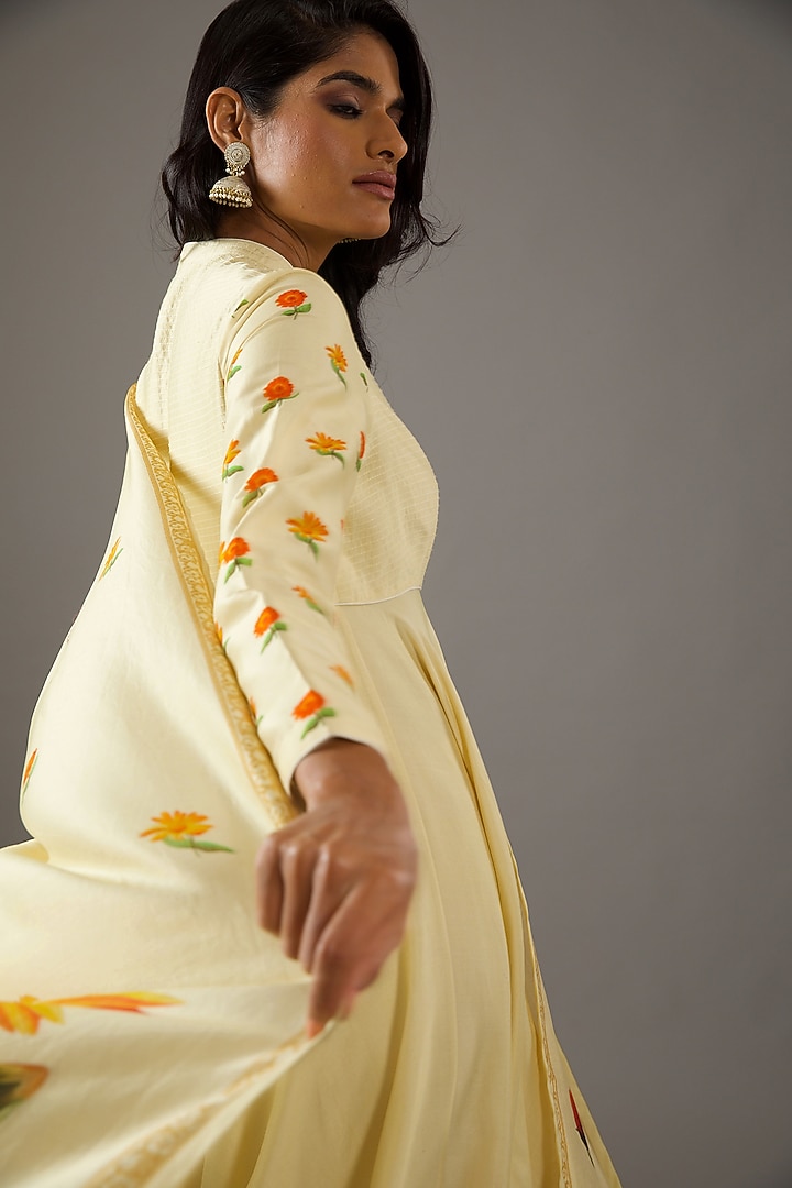 Yellow Chanderi Silk Printed Party Wear Anarkali Set by Balance by Rohit Bal at Pernia's Pop Up Shop
