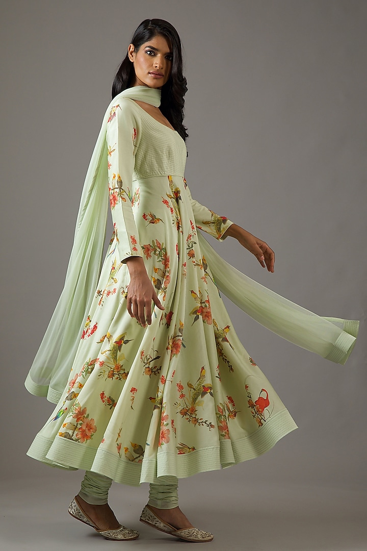 Mint Green Chanderi Silk Printed Anarkali Set by Balance by Rohit Bal