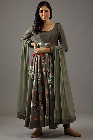 Pewter Chanderi Silk Digital Printed Anarkali Set by Balance by Rohit Bal