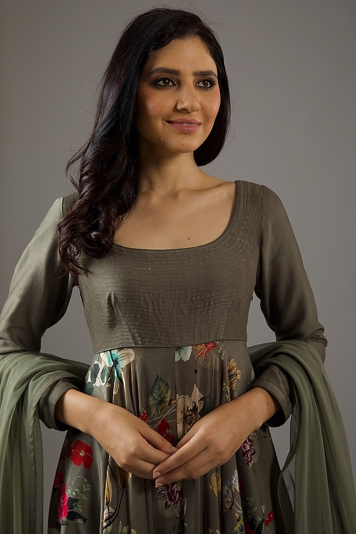 Pewter Chanderi Silk Digital Printed Party Wear Anarkali Set by Balance by Rohit Bal at Pernia's Pop Up Shop