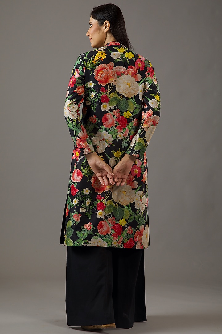 Black Chanderi Silk Floral Printed Tunic Set by Balance by Rohit Bal at Pernia's Pop Up Shop