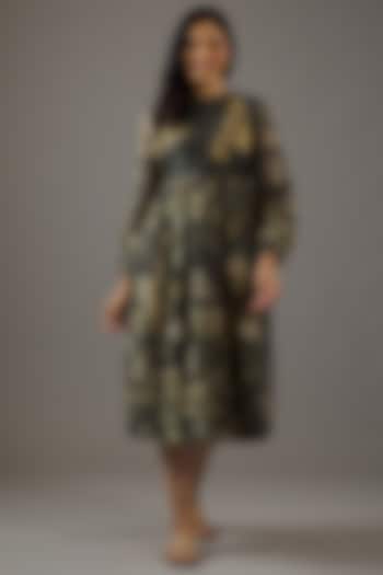 Pewter Chanderi Silk Digital Printed Dress by Balance by Rohit Bal
