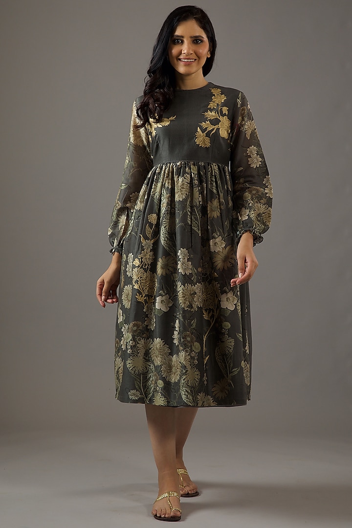 Pewter Chanderi Silk Digital Printed Dress by Balance by Rohit Bal