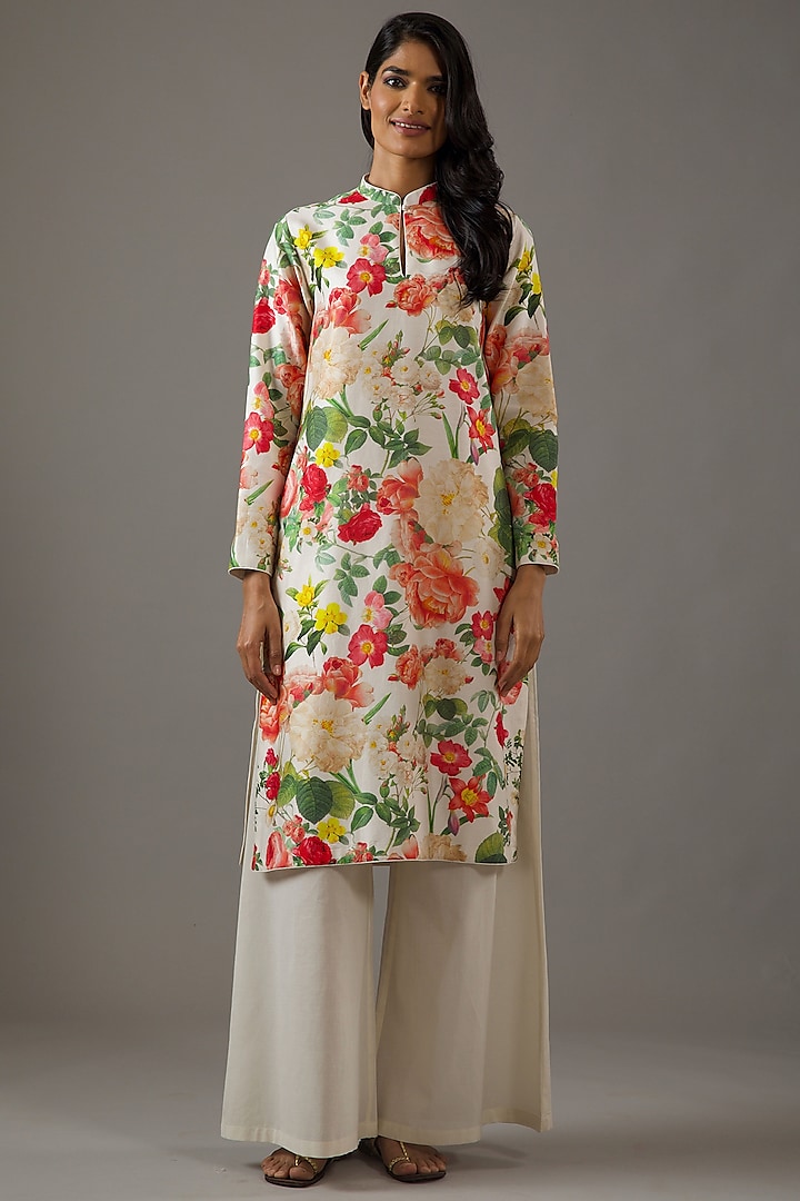 Ivory Chanderi Silk Printed Tunic Set by Balance by Rohit Bal