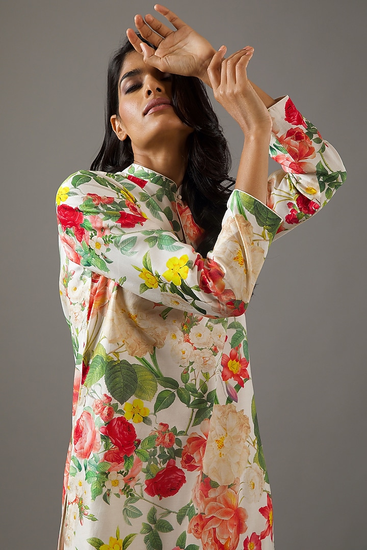 Ivory Chanderi Silk Printed Tunic Set by Balance by Rohit Bal at Pernia's Pop Up Shop