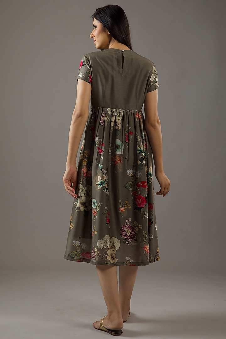 Pewter Chanderi Silk Floral Printed Summer Dress by Balance by Rohit Bal at Pernia's Pop Up Shop