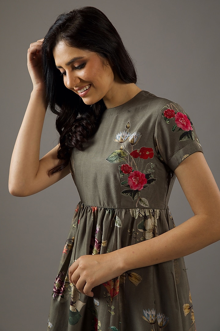 Pewter Chanderi Silk Floral Printed Summer Dress by Balance by Rohit Bal at Pernia's Pop Up Shop