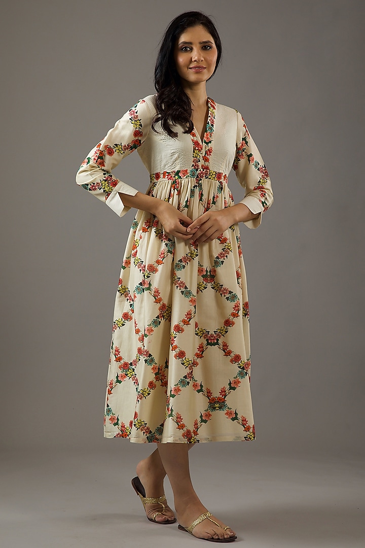 Ivory Chanderi Silk Printed Dress by Balance by Rohit Bal