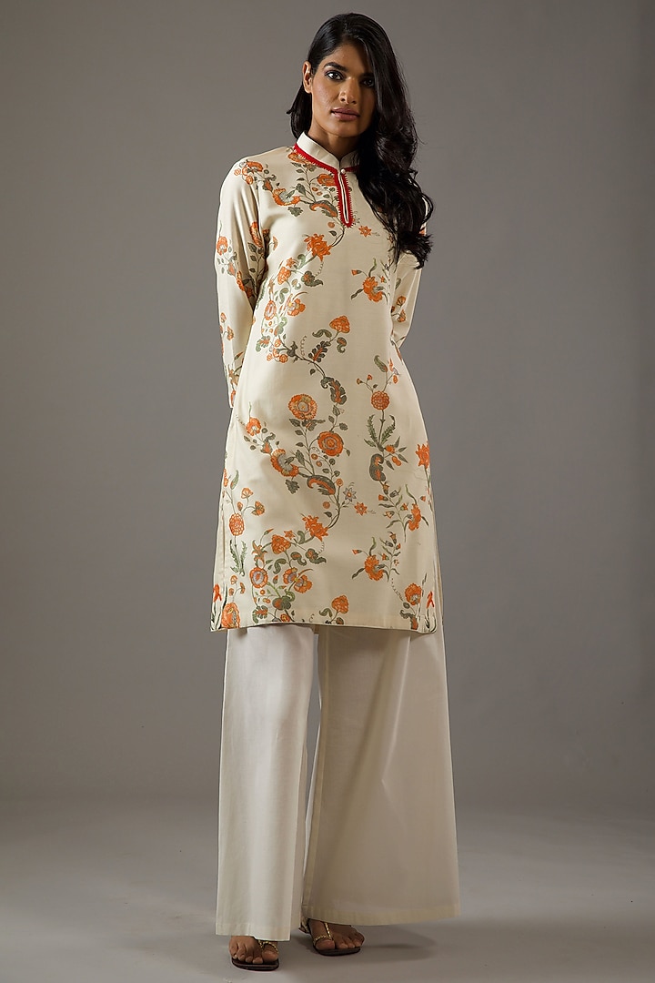 Ivory Chanderi Silk Printed Tunic Set by Balance by Rohit Bal