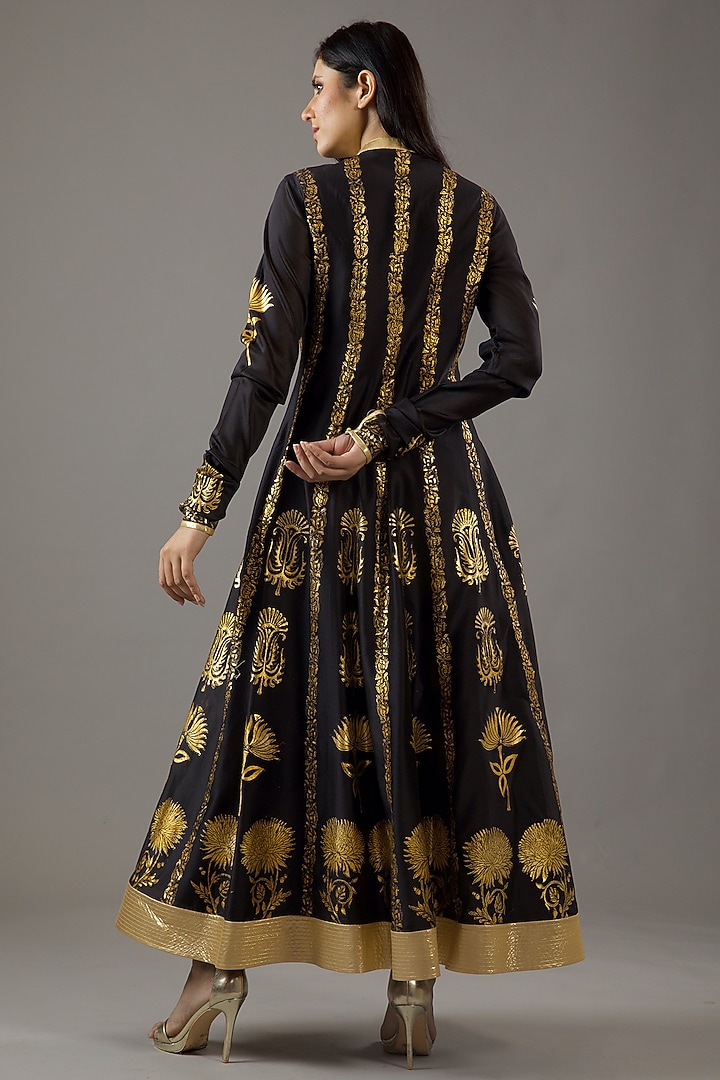 Black Chanderi Silk Printed Party Wear Anarkali Set by Balance by Rohit Bal at Pernia's Pop Up Shop