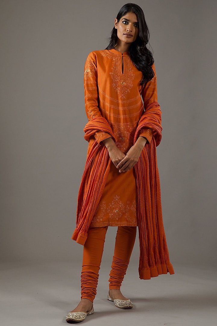 Rust Orange Chanderi Silk Embroidered Kurta Set by Balance by Rohit Bal