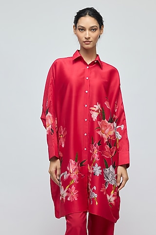 Red Chanderi Floral Printed Tunic by Balance by Rohit Bal