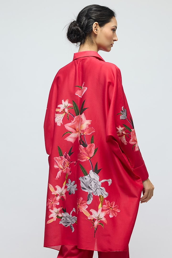 Red Chanderi Floral Printed Tunic by Balance by Rohit Bal at Pernia's Pop Up Shop