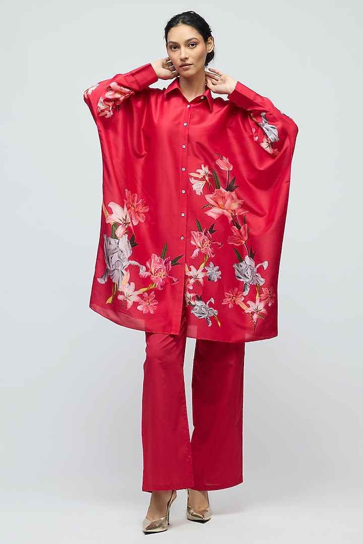 Red Chanderi Floral Printed Tunic by Balance by Rohit Bal at Pernia's Pop Up Shop